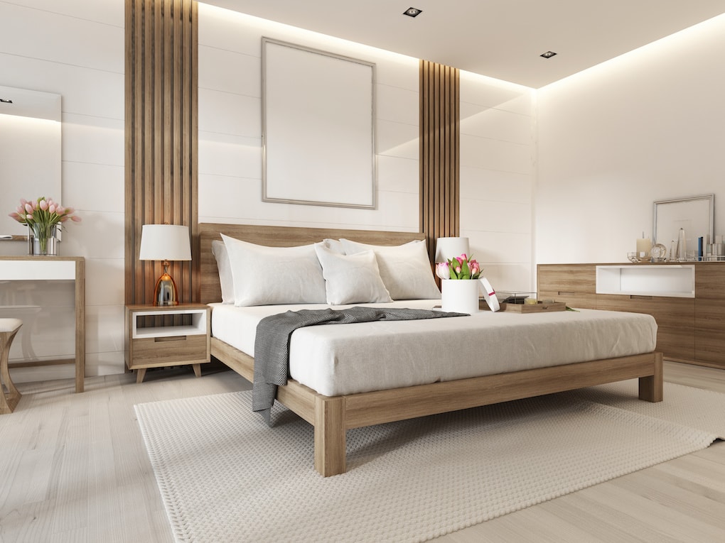 Modern light bedroom with wooden furniture in Scandinavian style. 3D rendering